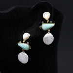 Freshwater White Coin Pearl Aventurine White Shell Dangle Stud EarringsEarrings
