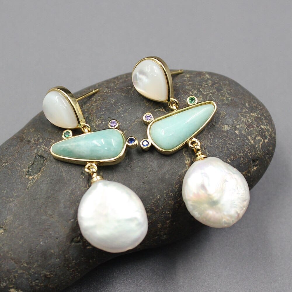 Freshwater White Coin Pearl Aventurine White Shell Dangle Stud EarringsEarrings