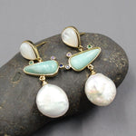 Freshwater White Coin Pearl Aventurine White Shell Dangle Stud EarringsEarrings