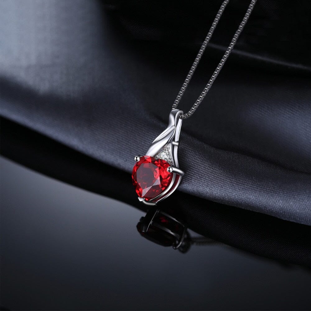 Love Heart Created Ruby Pendant Necklace - 925 Sterling Silver (Without Chain)Necklace