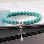 WWJD 6mm Boho Cross Natural Volcanic Stone BraceletBraceletBlue17cm