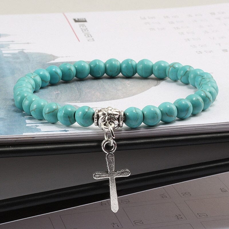 WWJD 6mm Boho Cross Natural Volcanic Stone BraceletBraceletBlue17cm