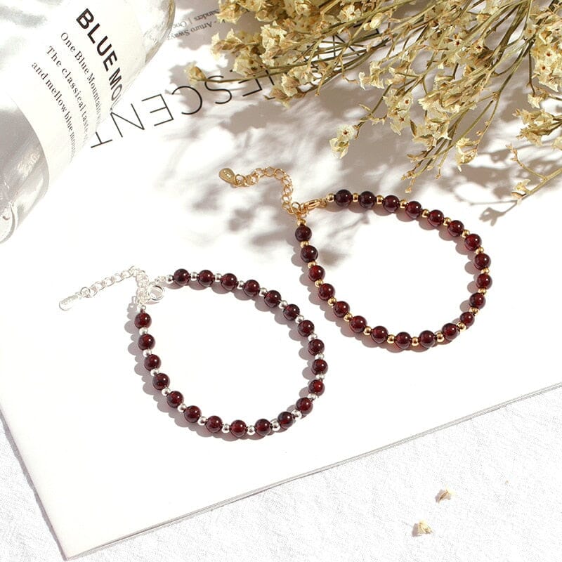 Small Garnet Bead Bracelet - 925 Sterling SilverBracelet