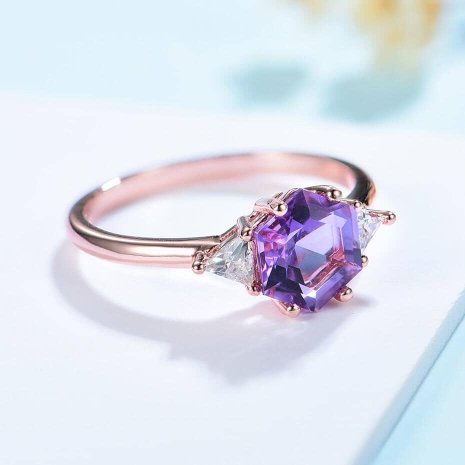 Amethyst White Topaz Hexagon Rose Gold RingRing