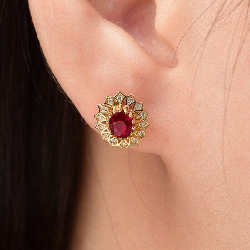 Luxury Ruby Gemstone Flower Stud Earrings - 925 Sterling SilverEarrings