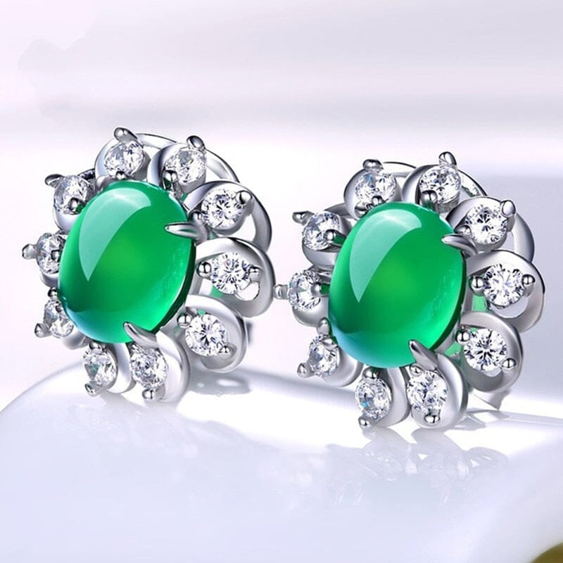 Simple Silver Green Jade Chalcedony Stud EarringsEarrings