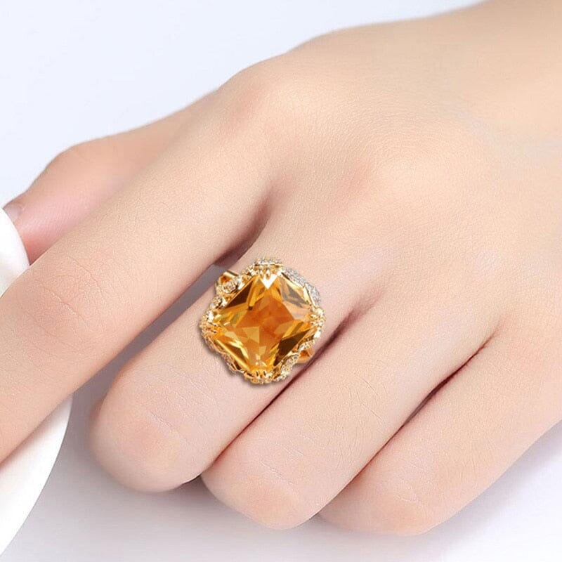 Luxury Charm Square Shaped Citrine Gemstone Ring - 925 Sterling SilverRing