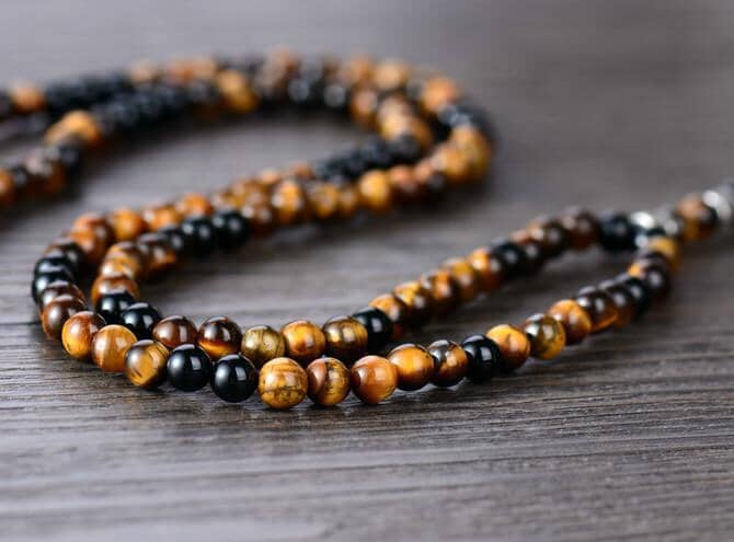 Tiger Eye & Onyx Beads with Hamsa / Fatima Hand Necklace for MenNecklace