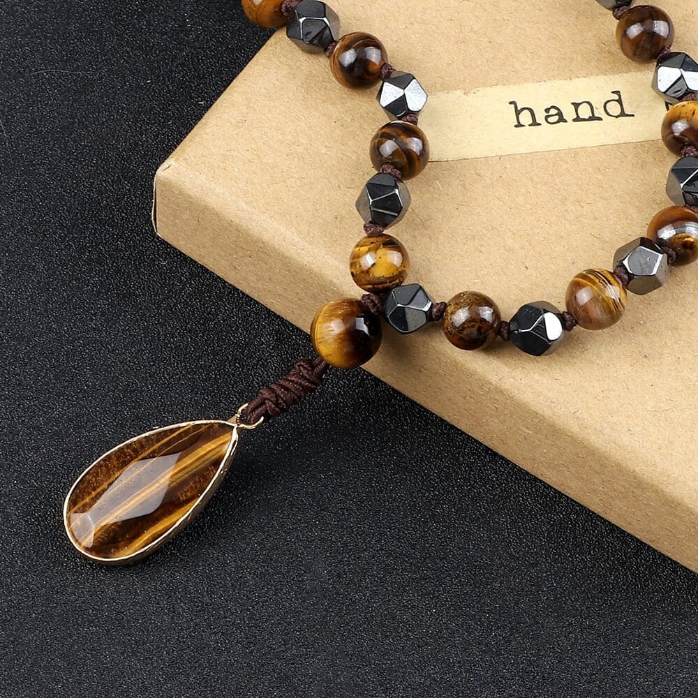 8mm Tiger Eye Stone Necklace Drop Pendant Handmade Knotted Irregular Hematite Beaded NecklaceNecklace