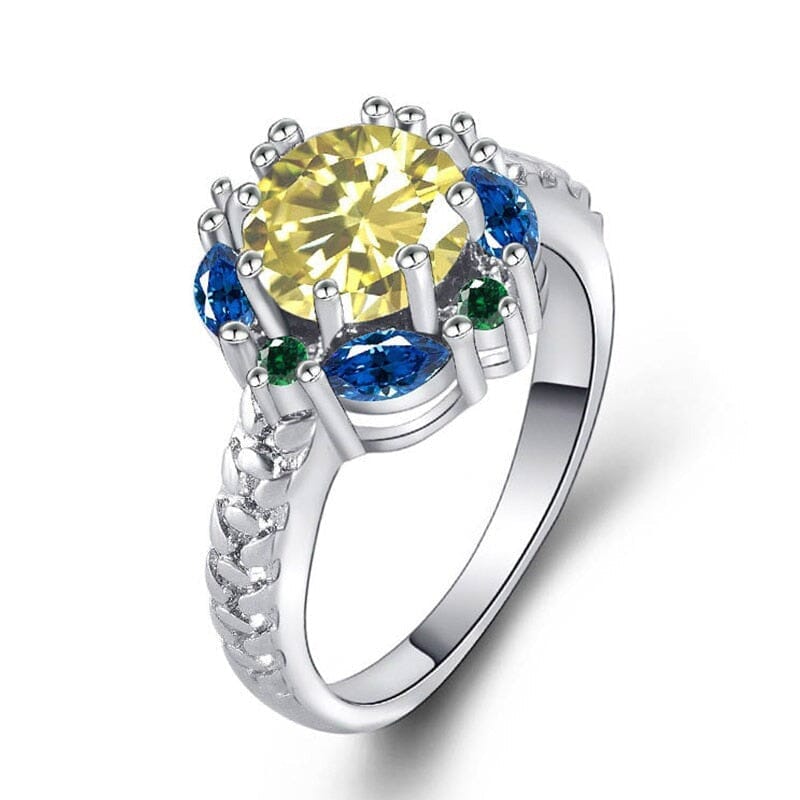 Flower Shaped Citrine and Sapphire Ring - 925 Sterling SilverRing