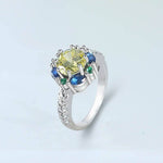 Flower Shaped Citrine and Sapphire Ring - 925 Sterling SilverRing