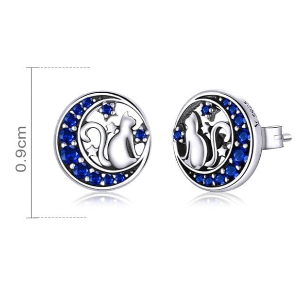 Crescent Moon Cat on the Moon Fairy Sapphire Stud Earrings - Genuine 925 Sterling SilverEarrings