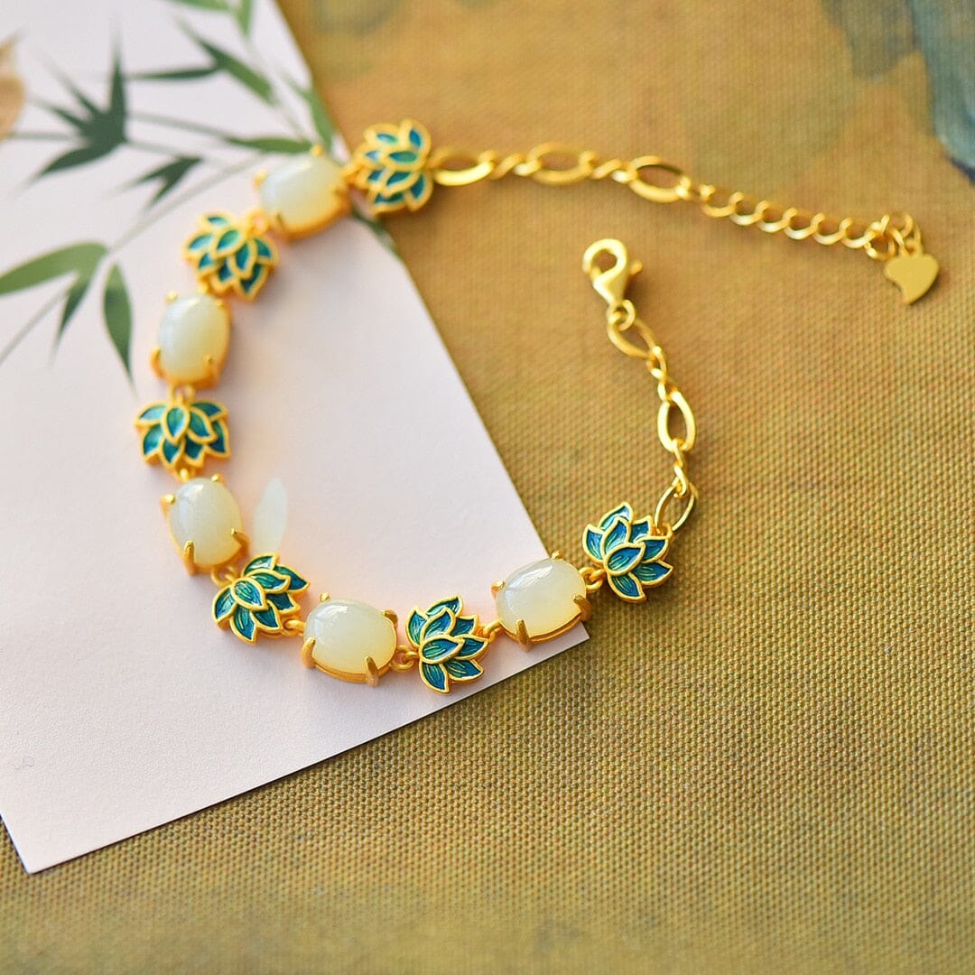 Ancient Gold Hetian Jade Lotus Bracelet - S925Bracelet