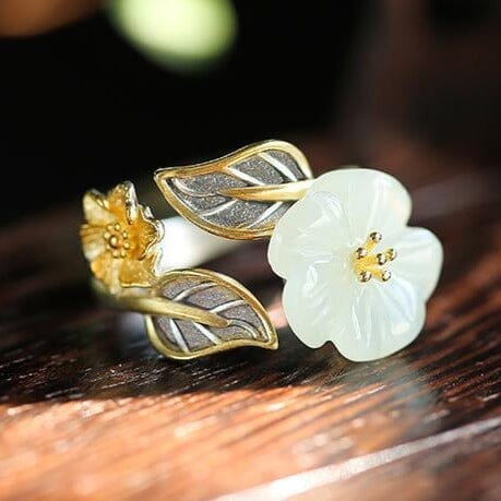 White Hetian Jade Flower Ring - 925 Sterling SilverRing