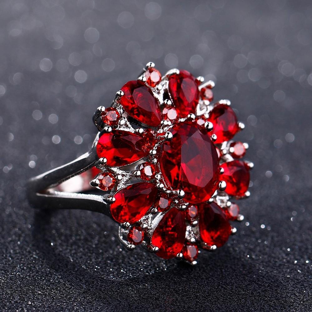 Scarlet Garnet Flower Ring - 925 Sterling SilverRing