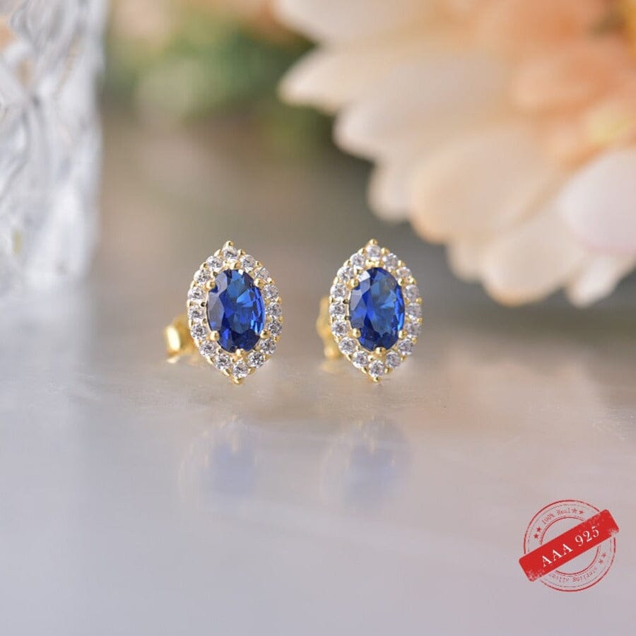 Halo Princess Sapphire Stud Earrings - 925 Sterling SilverEarrings