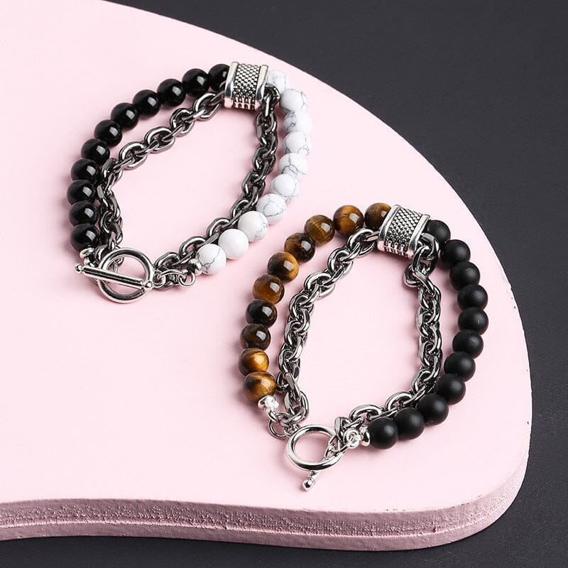 Natural Tiger Eye Stone Beaded Stainless Steel BraceletBracelet