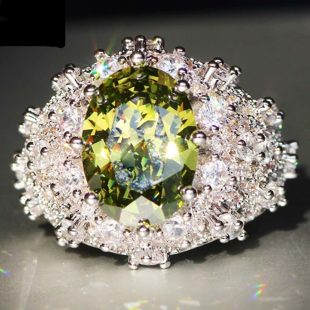 Princess Cut Huge Green Peridot Ring - 925 Sterling SilverRing