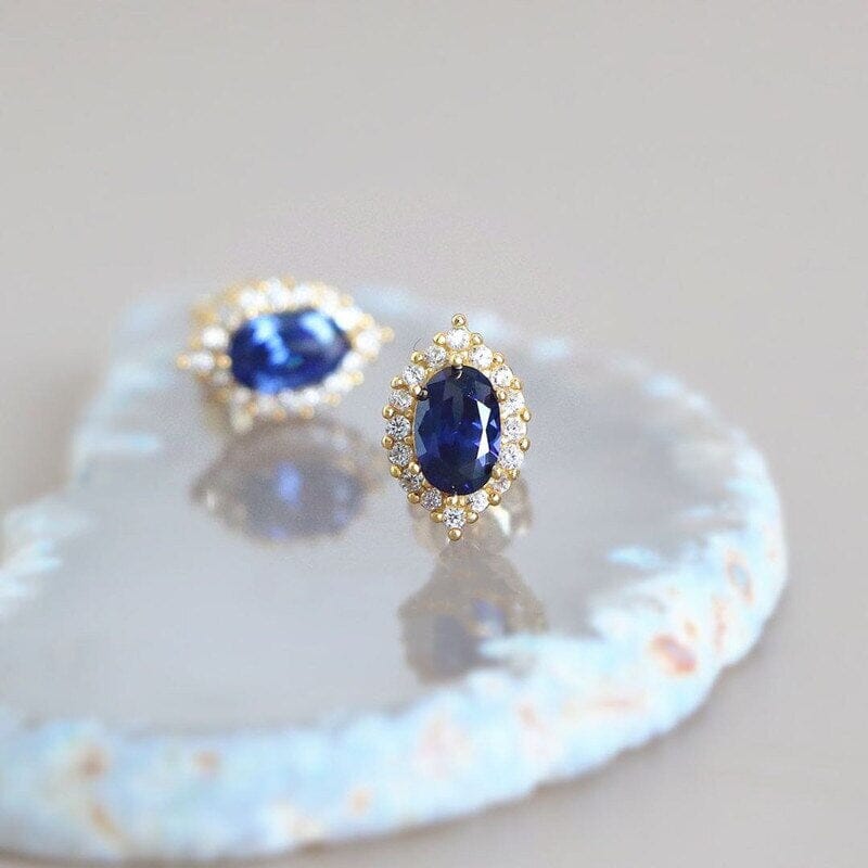 Halo Princess Sapphire Stud Earrings - 925 Sterling SilverEarrings