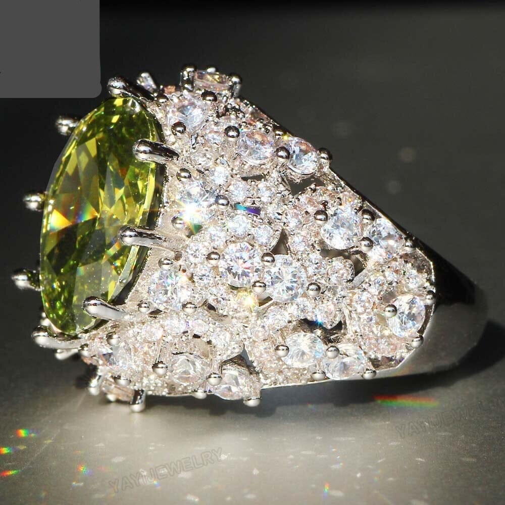 Princess Cut Huge Green Peridot Ring - 925 Sterling SilverRing