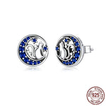 Crescent Moon Cat on the Moon Fairy Sapphire Stud Earrings - Genuine 925 Sterling SilverEarrings