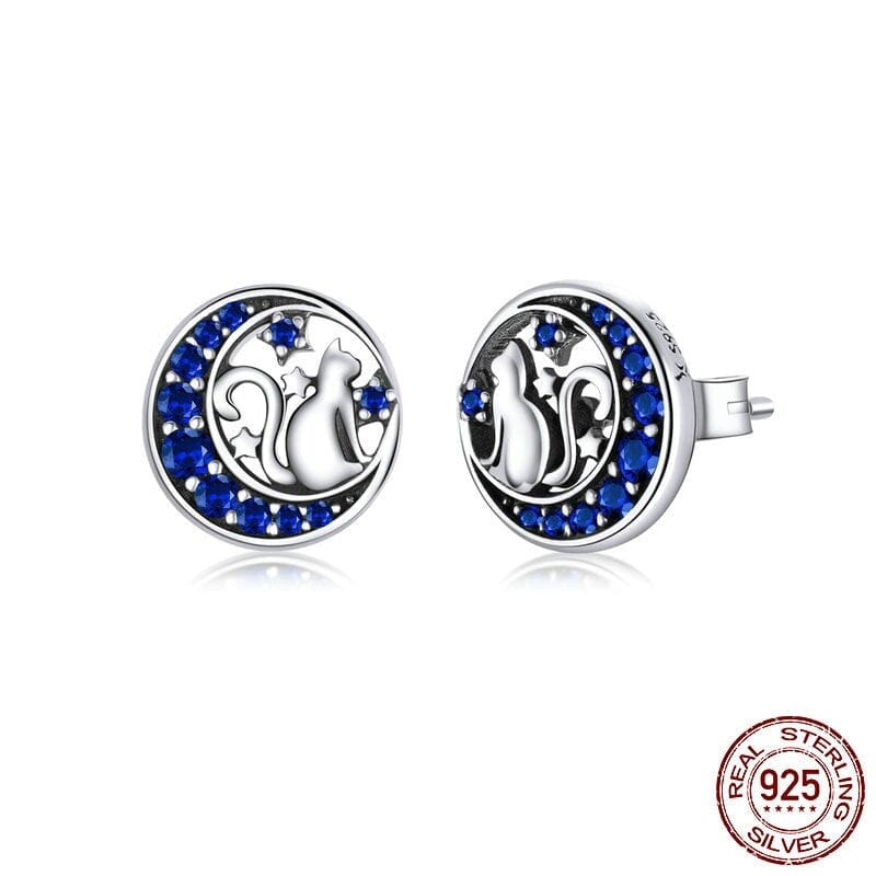Crescent Moon Cat on the Moon Fairy Sapphire Stud Earrings - Genuine 925 Sterling SilverEarrings
