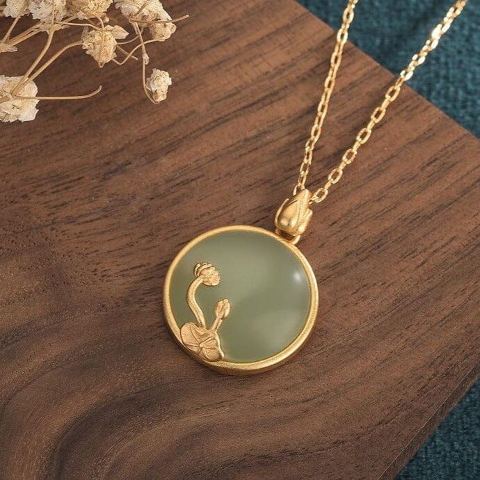 Green Jade Lotus Pendant NecklaceNecklace