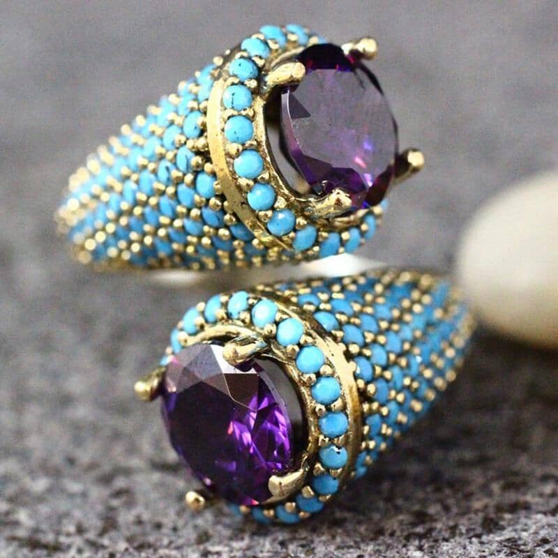 Gothic Turquoise Beaded Amethyst Gold RingRing8