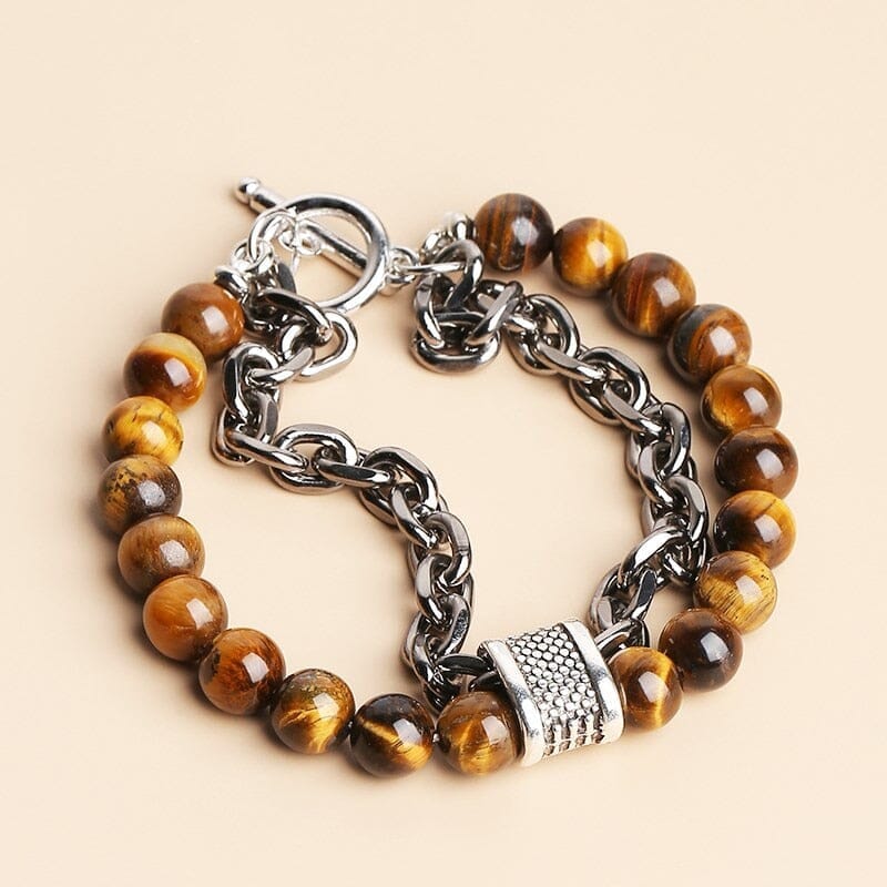 Natural Tiger Eye Stone Beaded Stainless Steel BraceletBracelet