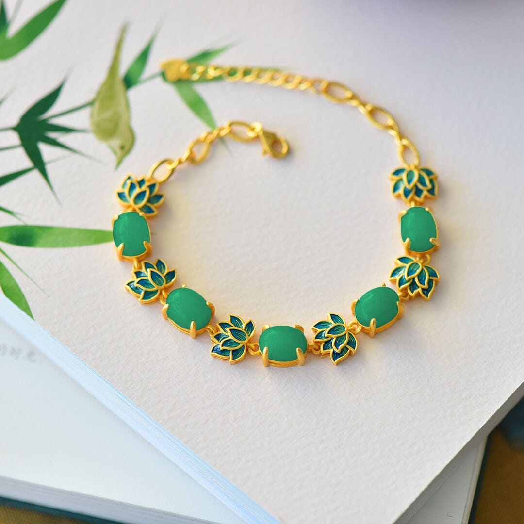 Ancient Gold Hetian Jade Lotus Bracelet - S925BraceletA
