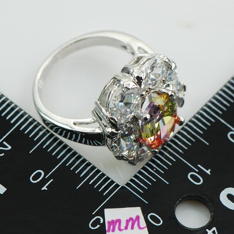 Flower Rainbow Fire Mystic Topaz CZ White Ring - 925 Sterling SilverRing