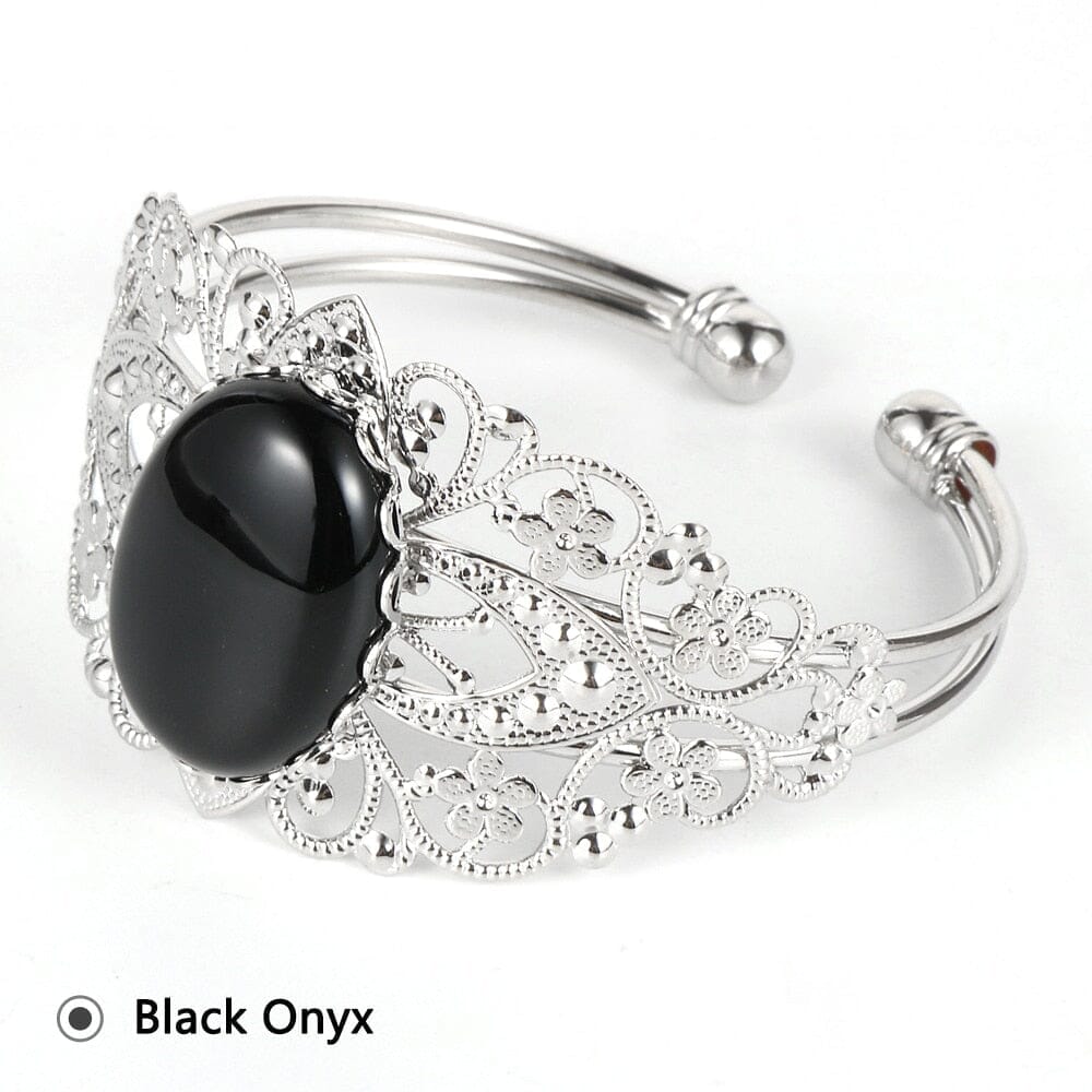 Coffee Onyx Labradorite Oval Gemstone Open BangleBraceletBlack Onyx