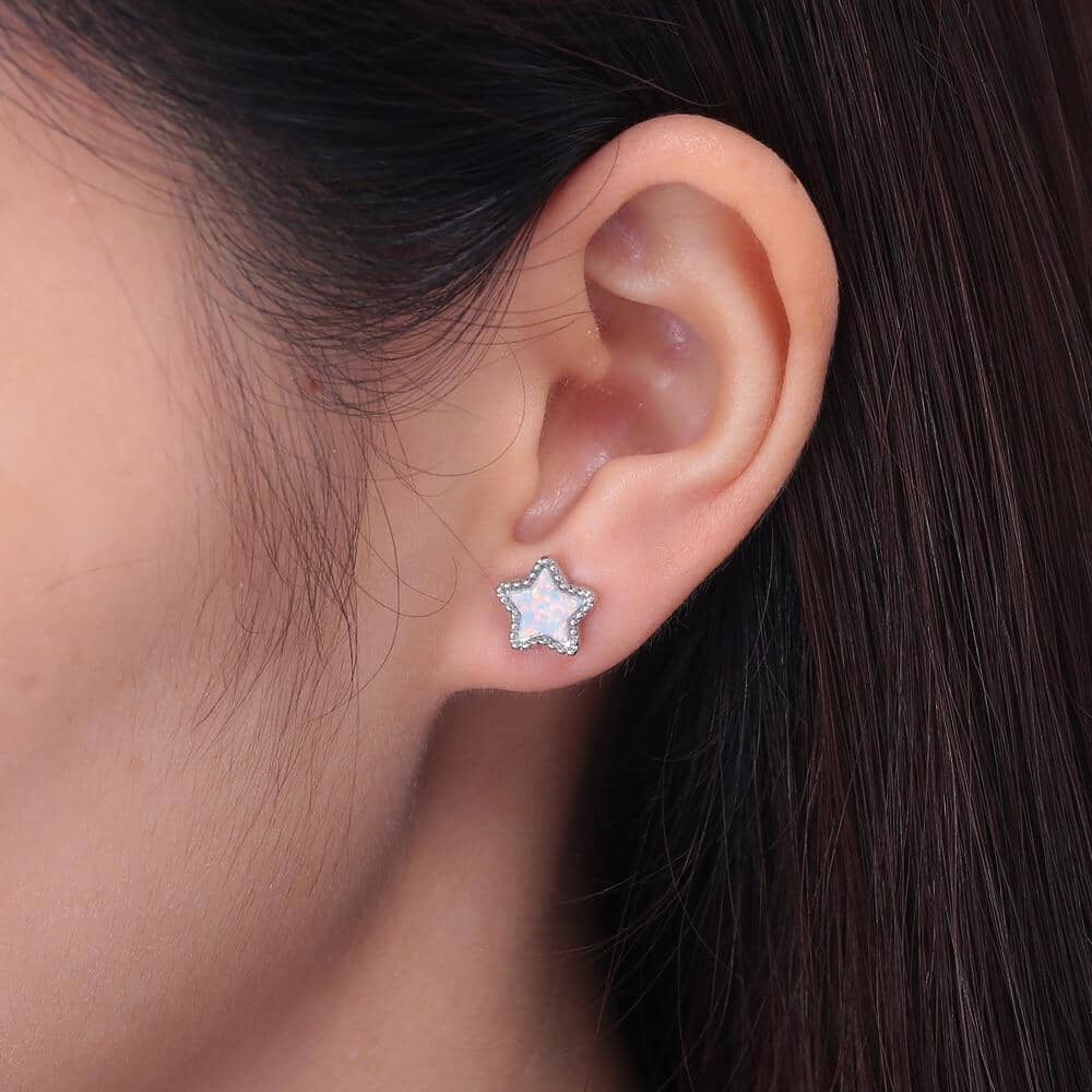 Moon & Star White Fire Opal Stud EarringsEarrings