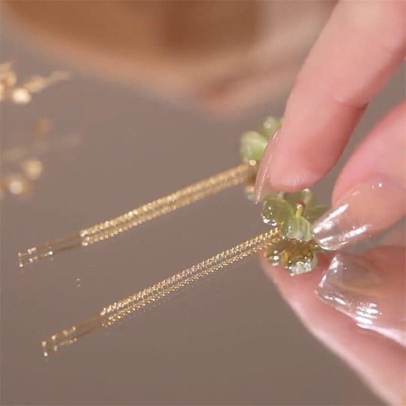 Exquisite Jade Clover Long Tassel Earrings - 925 Sterling SilverEarrings
