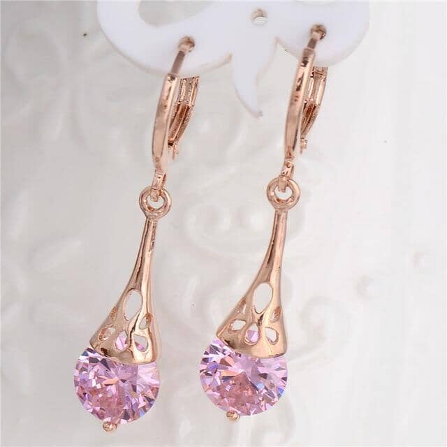 18k Rose Gold Filled White Sapphire Stone Pierced Dangle EarringsEarringsRose Quartz