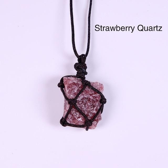 Natural Raw Crystal Reiki Weave Rope NecklaceNecklaceStrawberry Quartz