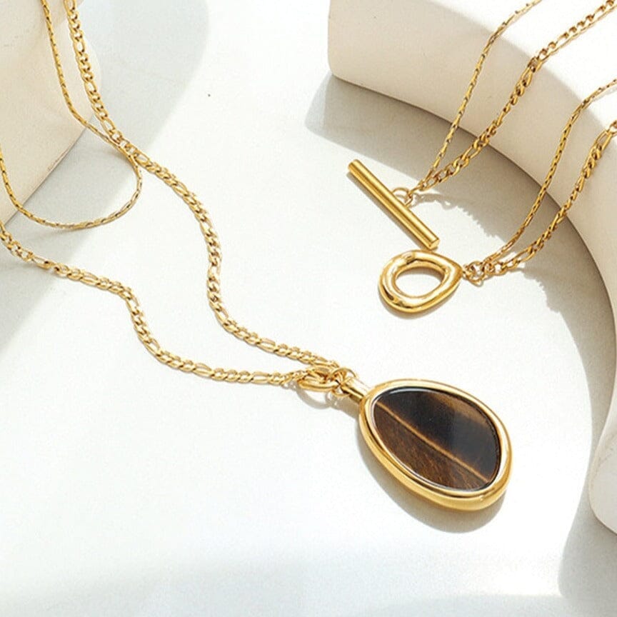 Lovely Natural Tiger Eye Oval Double Chain NecklaceNecklace