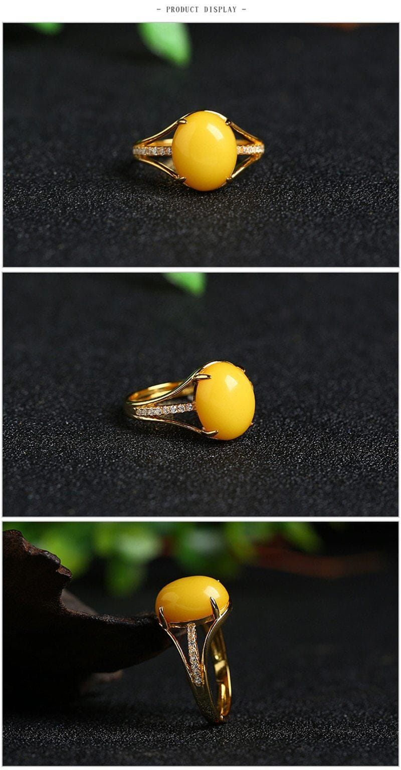925 Sterling Silver Natural Yellow Amber Ring (Resizeable)Ring