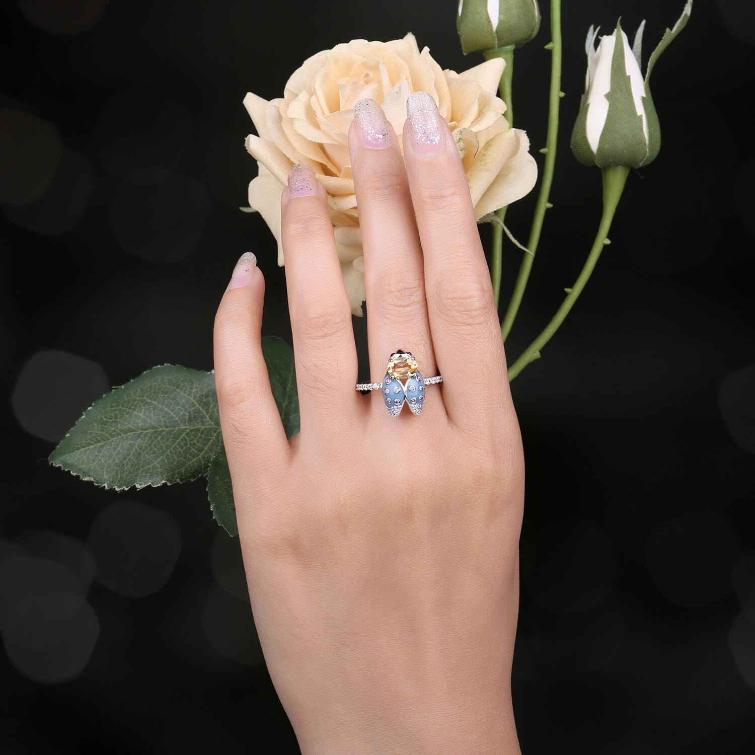 Cicada Enamel Natural Citrine Ring - 925 Sterling SilverRing