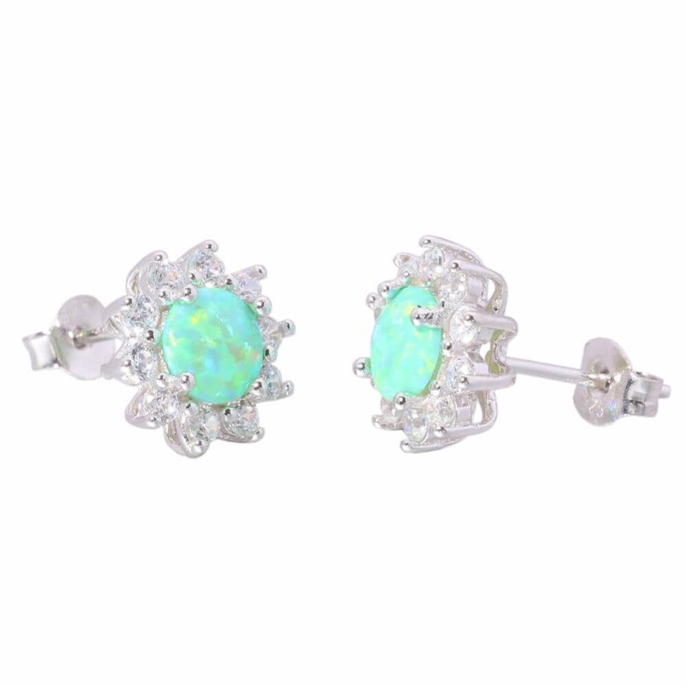 Green & White Round Fire Opal Sunflower Stud Earrings - 925 Sterling SilverEarrings