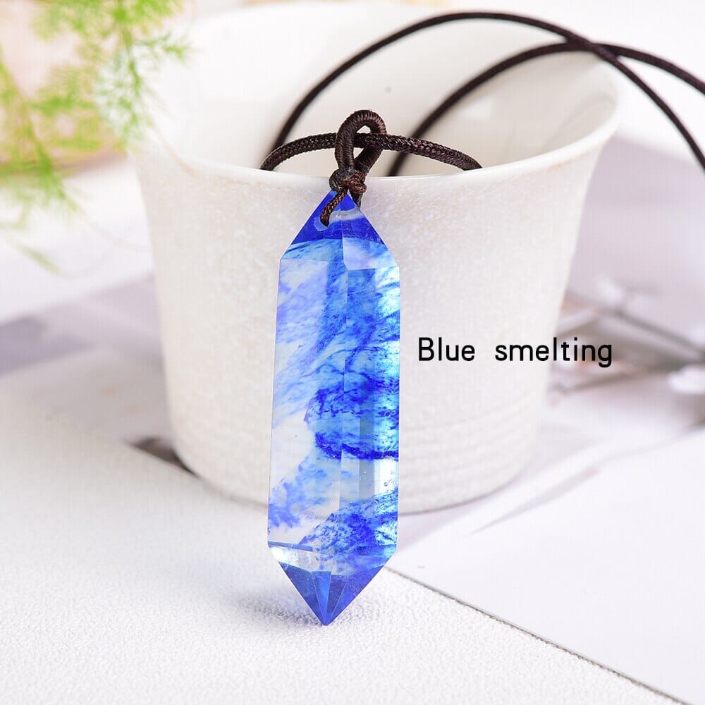 1pc Natural Crystal Quartz Double Point Pendant NecklaceNecklaceBlue smelting