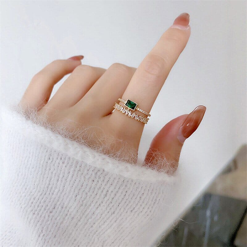Temperament Green Square Peridot Double Layer Open RingRing
