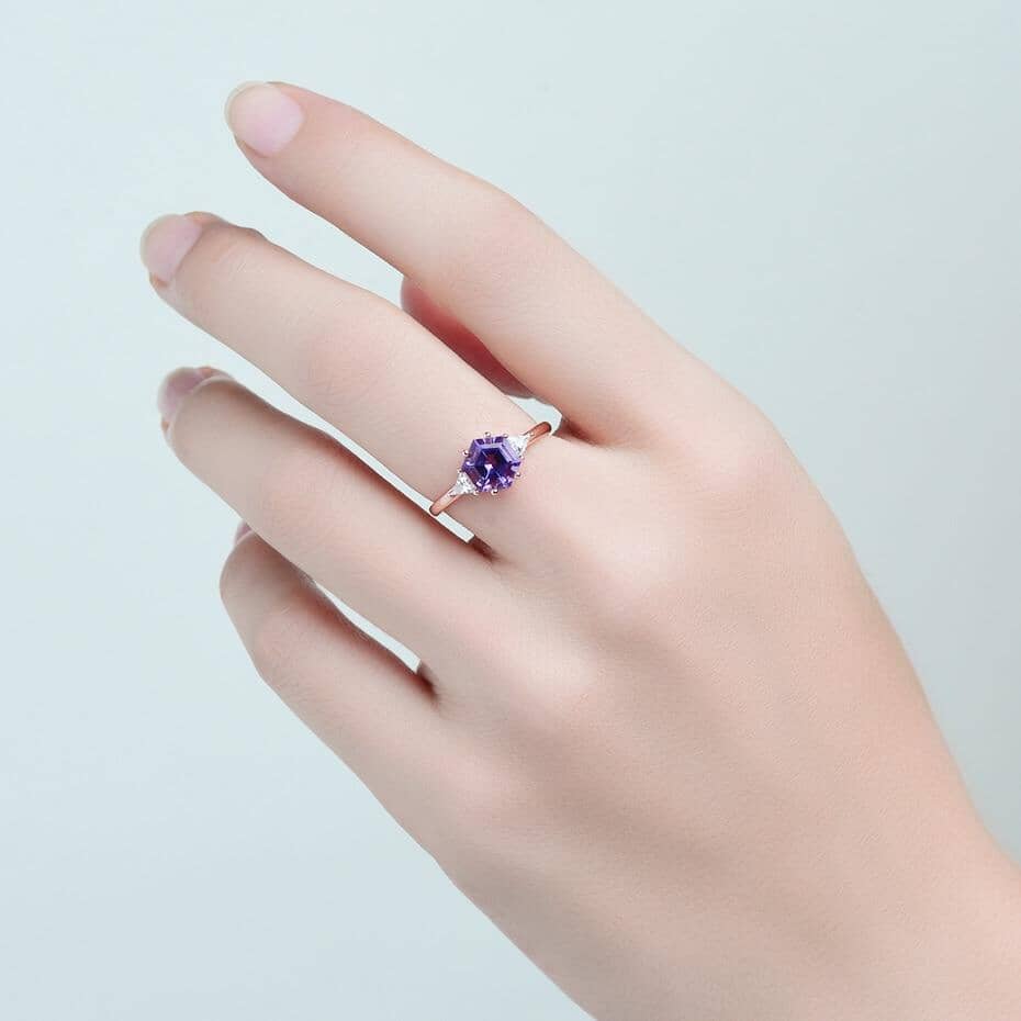 Amethyst White Topaz Hexagon Rose Gold RingRing