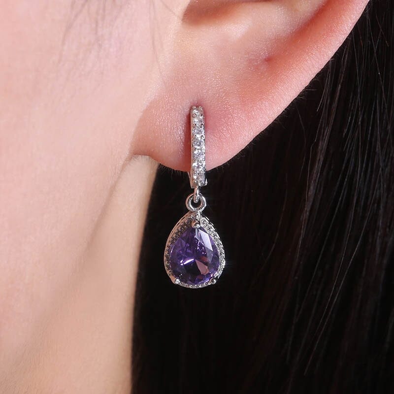 Water Drop Shaped Amethyst Earrings - 925 Sterling SilverEarrings