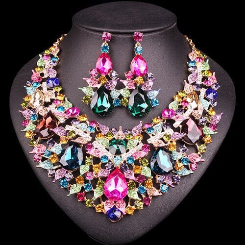 Luxury Multi Stone Set - Necklace, Earrings, Ring & BraceletJewelry Set2 pcs set multicolor