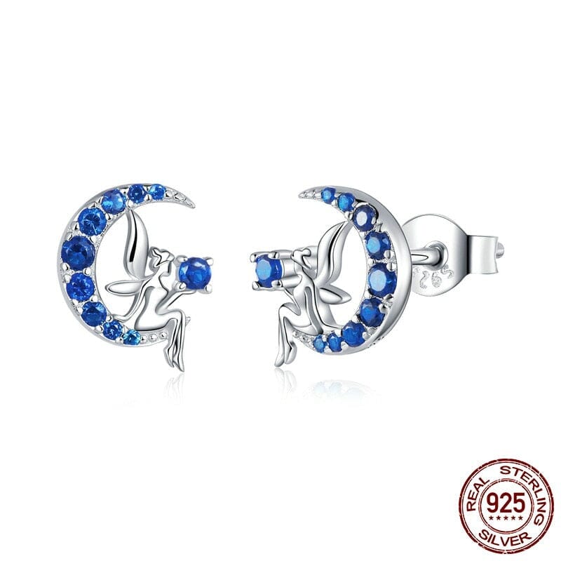 Crescent Moon Cat on the Moon Fairy Sapphire Stud Earrings - Genuine 925 Sterling SilverEarrings