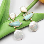 Freshwater White Coin Pearl Aventurine White Shell Dangle Stud EarringsEarrings