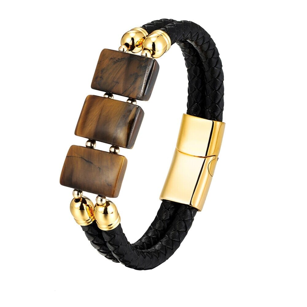Luxury Stainless Steel Leather Natural Tiger Eye Stone BraceletBraceletTZ-182819cm