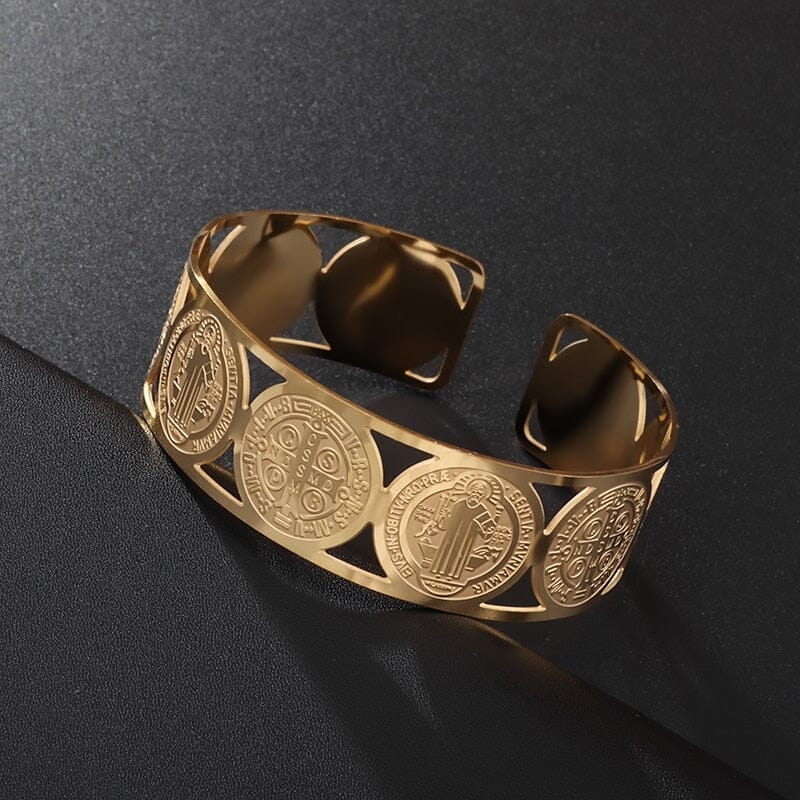 Stainless Steel Saint Benedict WWJD Adjustable Cuff BraceletBracelet