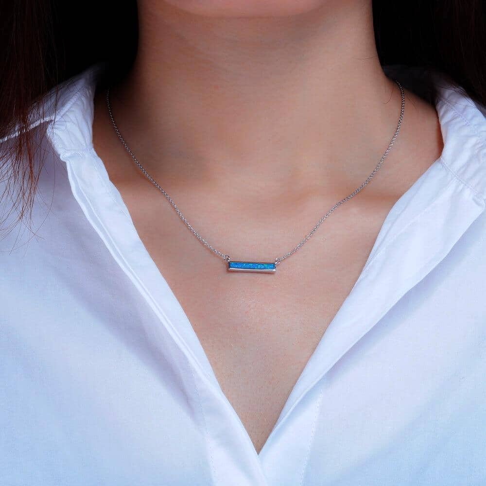 Rectangular Blue and White Fire Opal Silver NecklaceNecklace